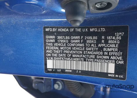 2018 Honda Civic Sport z USA, uszkodzony, nr VIN SHHFK7H45JU408175